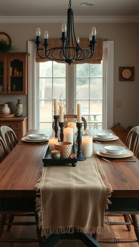 A farmhouse kitchen table set with a beige table runner, candles, and rustic decor.