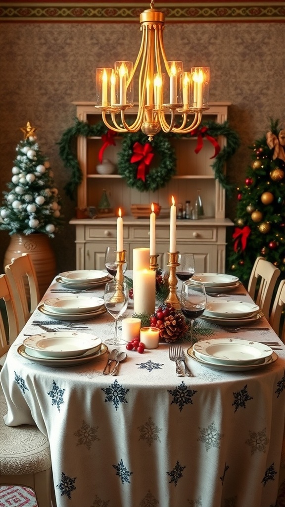 A beautifully set Christmas table with candles, pinecones, and festive decorations.