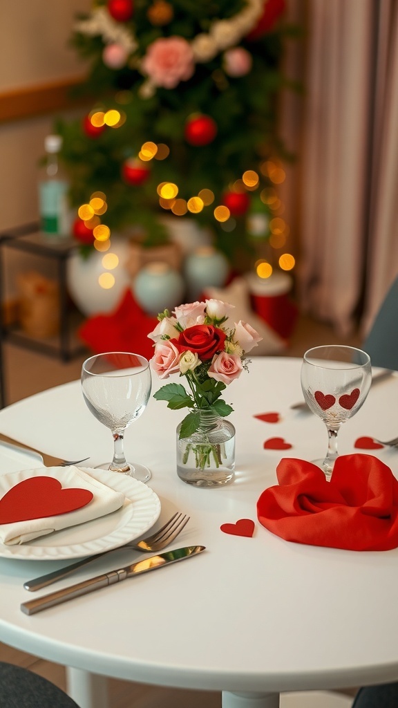 Charming Valentine's Day table setting with heart decorations and flowers