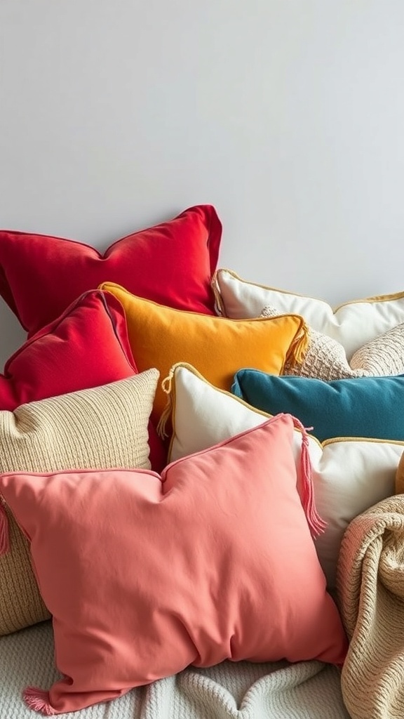 A collection of colorful throw pillows in various shapes and textures, arranged on a cozy blanket.