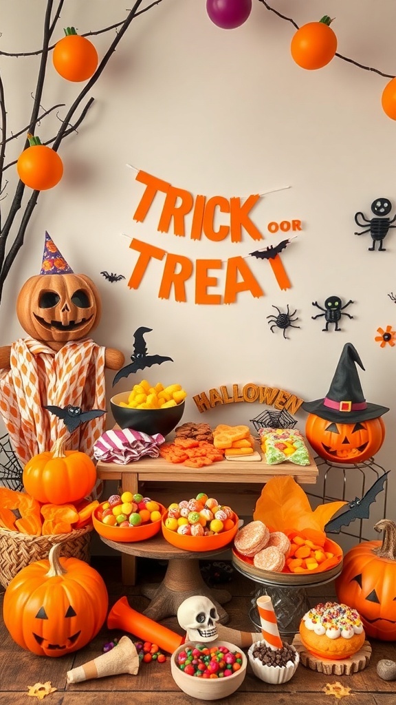A colorful Halloween trick-or-treat station with pumpkins, candy, and festive decorations.