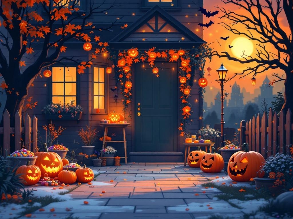 A charming Halloween porch with pumpkins, candy, and decorations