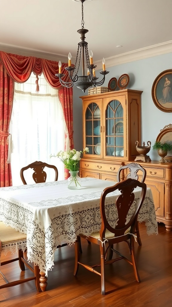 A vintage dining room with a lace tablecloth, wooden chairs, and a vase of flowers.