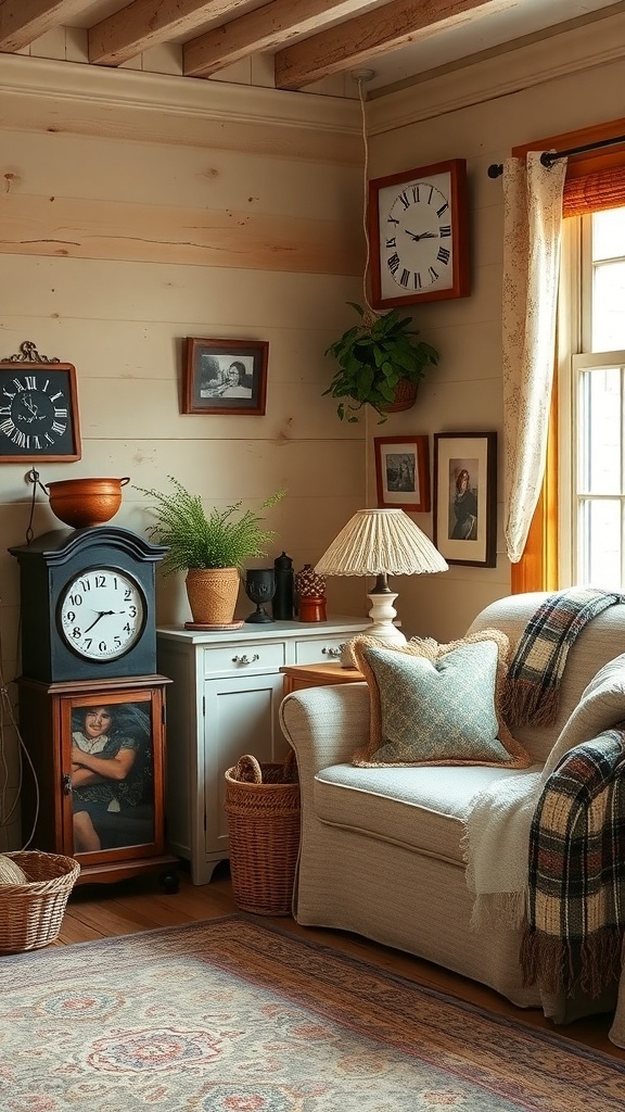 Cozy farmhouse living room with vintage decor including clocks, photos, and a comfortable sofa.