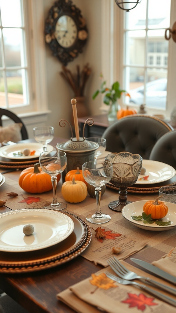 A beautifully set Thanksgiving table with vintage plates, glassware, small pumpkins, and autumn leaves.