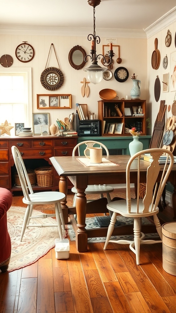 A vintage craft room with wooden furniture, a table, and decorative wall art.
