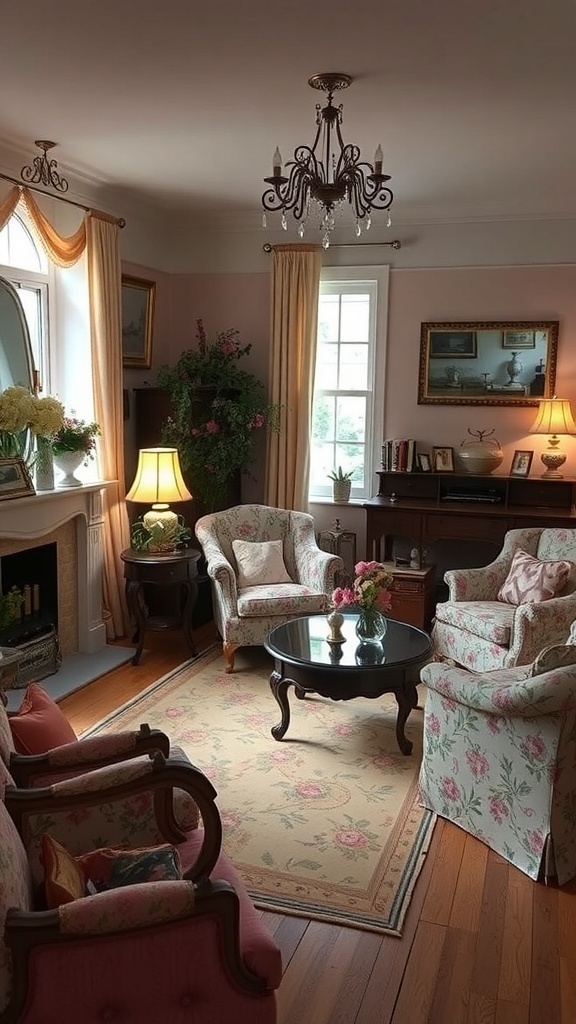 A cozy country cottage living room with vintage floral furniture and a round coffee table.