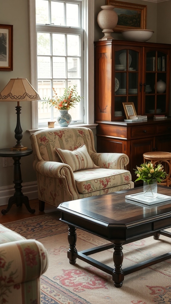 A cozy cottage living room featuring vintage floral-patterned armchair, wooden coffee table, and soft lighting.