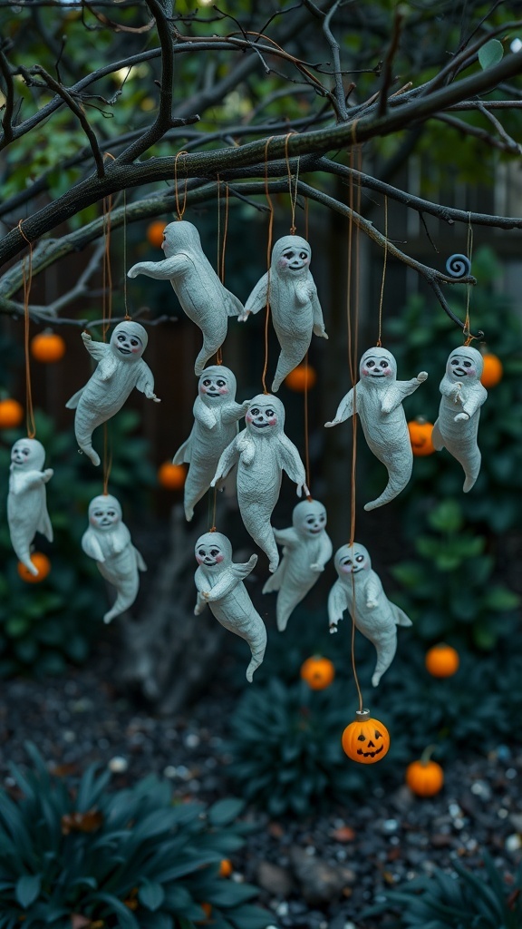 Vintage ghost decorations hanging from a tree branch with pumpkins in the background.