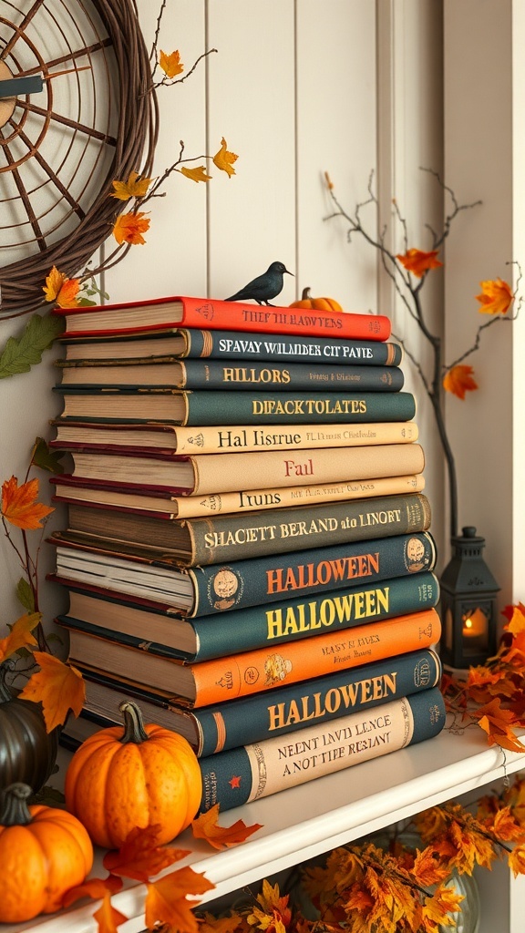 A stack of vintage Halloween books with autumn decorations, including pumpkins and leaves.