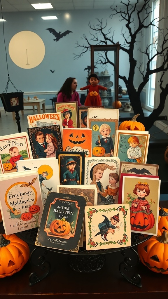 A display of vintage Halloween cards featuring children in costumes and pumpkins, surrounded by decorative pumpkins.