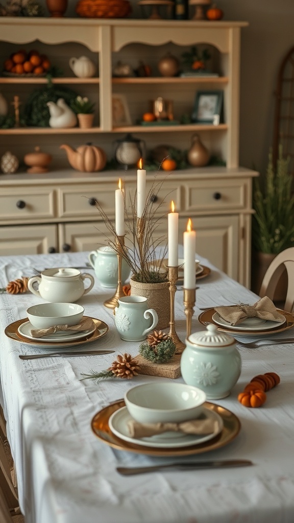 A beautifully set Christmas table with vintage tableware, featuring soft colors and elegant patterns.
