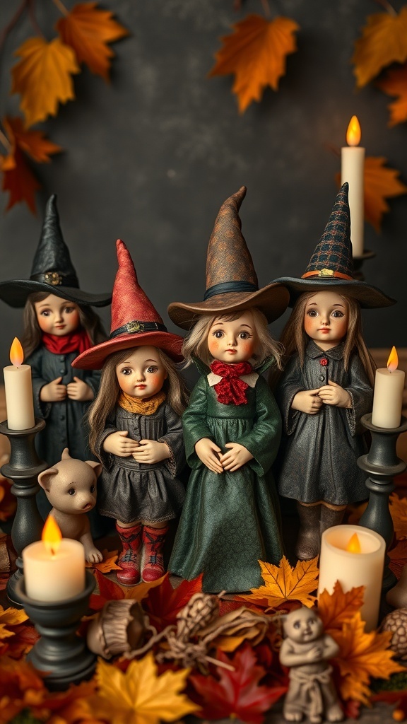 A group of vintage witch figurines surrounded by autumn leaves and candles.