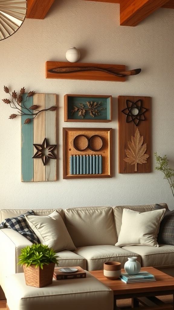 A cozy living room with charming farmhouse wall art, featuring various framed signs and greenery.