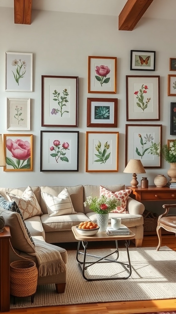 A cozy cottage style living room with floral wall art, rustic frames, and comfortable seating.