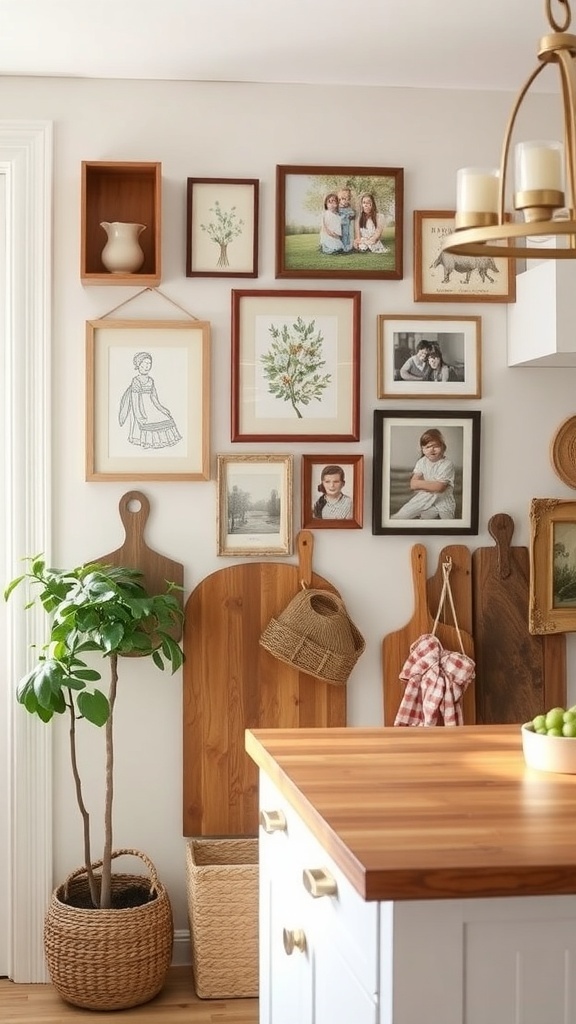 A cozy English farmhouse kitchen wall featuring family photos and decorative items.
