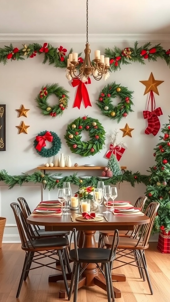 A beautifully decorated Christmas dining room with wreaths, garlands, and a festive table setting.
