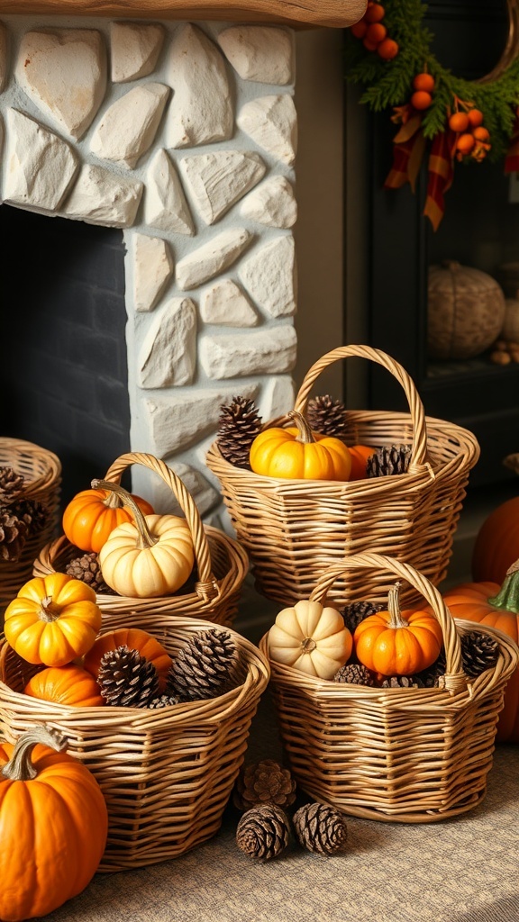 Wicker baskets filled with pumpkins and pinecones near a fireplace