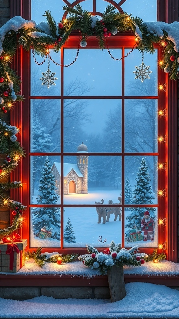 A beautifully decorated window with Christmas garlands, lights, and a snowy outdoor scene.