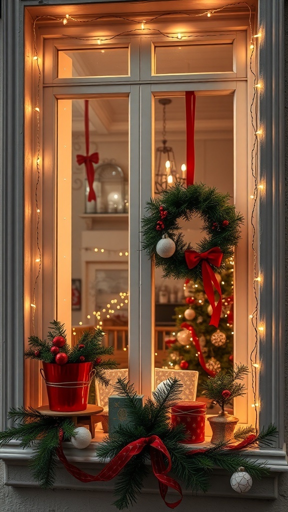 A beautifully decorated window with a Christmas wreath, lights, and festive decorations.