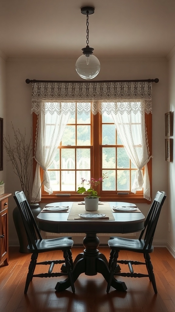 A cozy dining area with lace curtains and wooden window frames.
