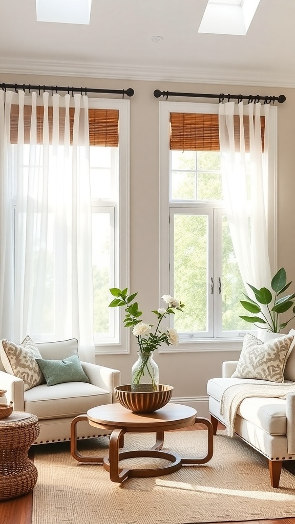 A cozy living room featuring sheer white curtains and bamboo shades on the windows, with comfortable seating and a stylish coffee table.