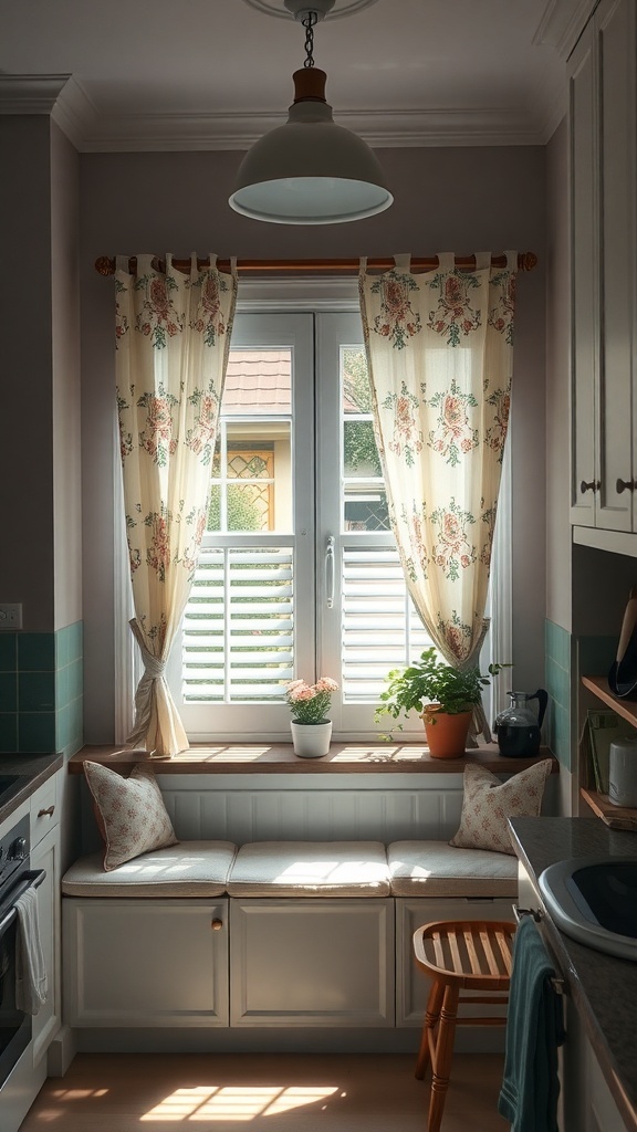 A cozy kitchen nook with floral curtains and a sunny window.
