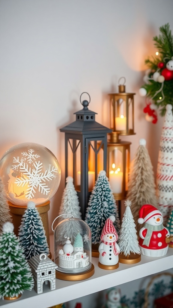 A display of winter decor featuring snowmen, lanterns, and miniature trees.