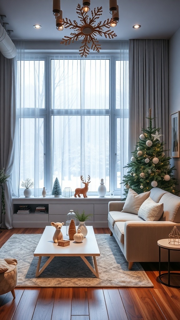 A cozy winter living room with a snowflake chandelier, a Christmas tree, and warm decor accents.