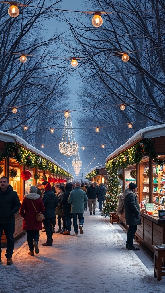 A winter market scene with stalls, lights, and people enjoying the festive atmosphere.