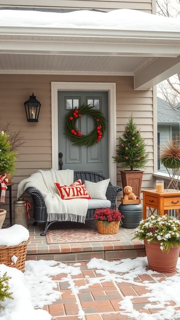A cozy winter porch with a chair, blanket, and festive decorations.