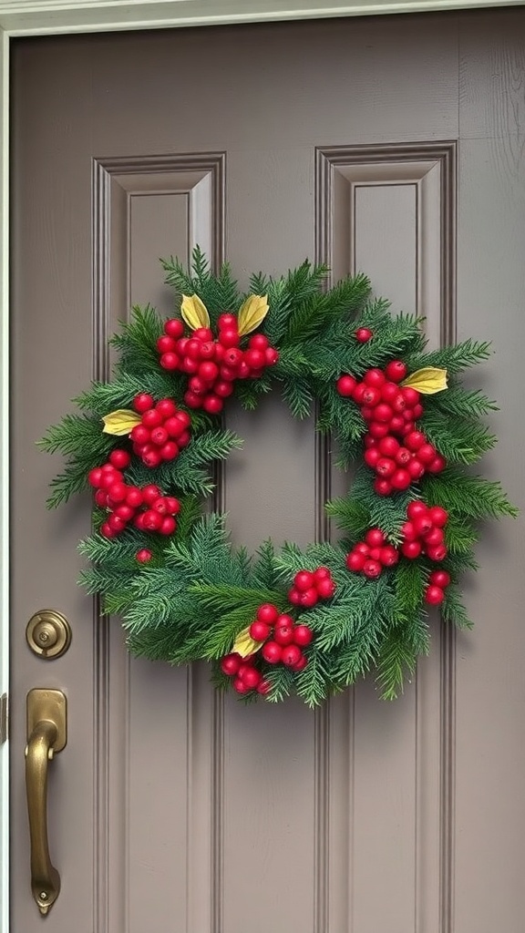 A winter wreath with red berries and green foliage hanging on a door.