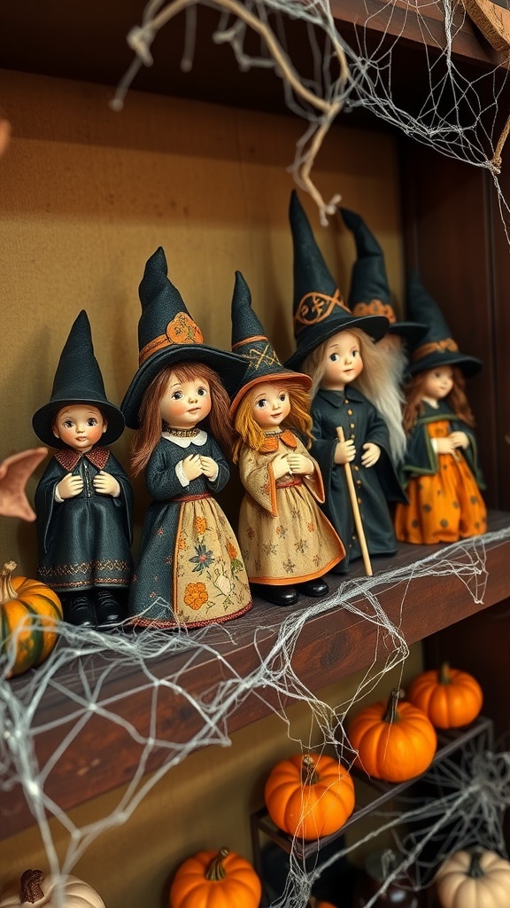 A collection of charming witch figurines on a shelf, surrounded by pumpkins and cobwebs.