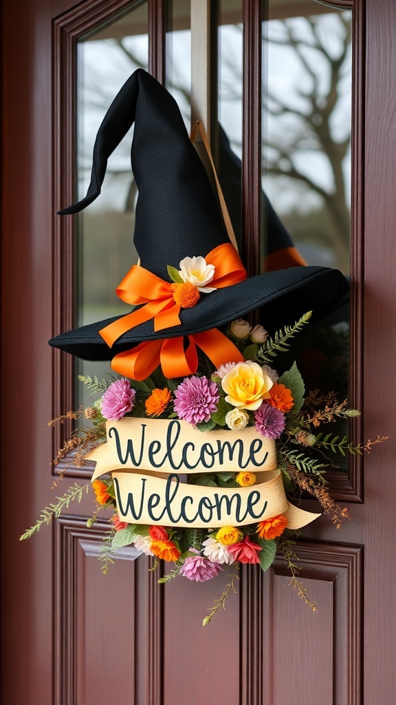 A black witch hat door hanger with flowers and a welcome sign.