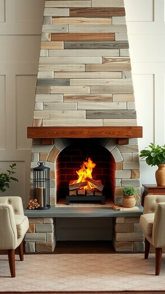 A rustic wood-burning fireplace with stone and wood elements, creating a cozy atmosphere.