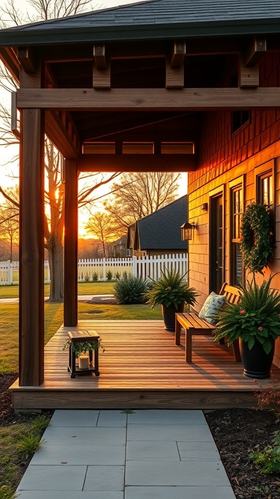 A rustic modern farmhouse exterior showcasing warm wood accents with a cozy porch.