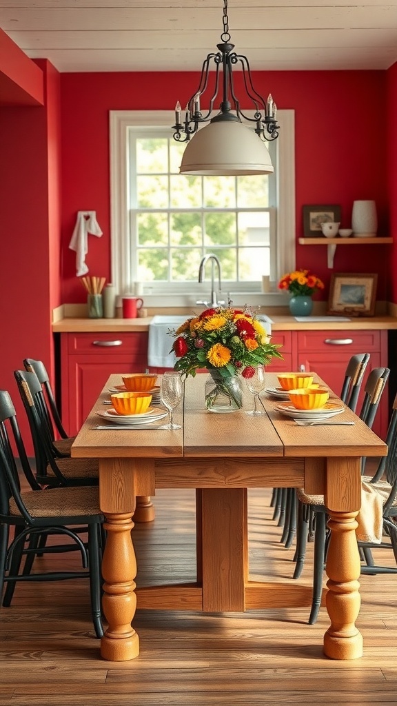 A charming wooden dining table in a red farmhouse kitchen, set with orange bowls and a colorful flower arrangement.