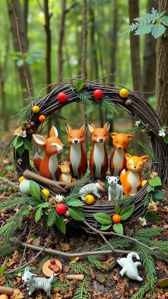 A winter wreath featuring charming woodland creatures, including foxes and small animals, surrounded by greenery and colorful decorations.