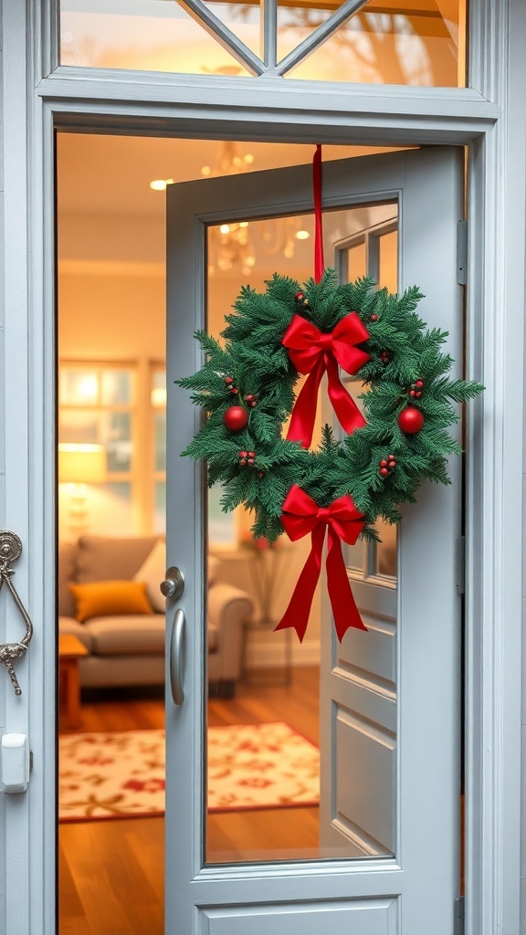 A festive green wreath with red bows hanging on a front door.