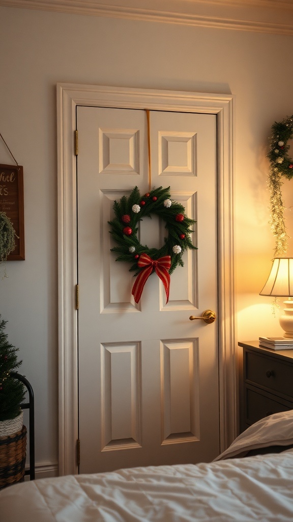 A green wreath with red and white decorations hanging on a white bedroom door.