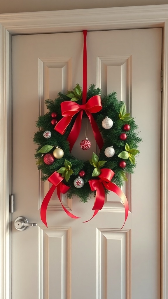 A festive Christmas wreath with red ribbons and ornaments hanging on a door.