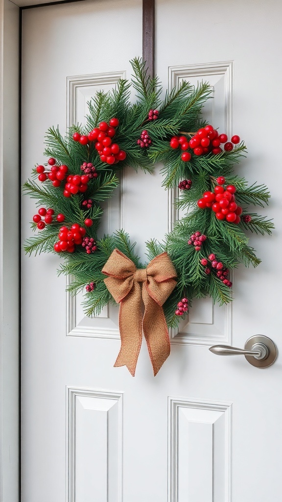 A festive wreath with red berries and a burlap bow hanging on a white door.