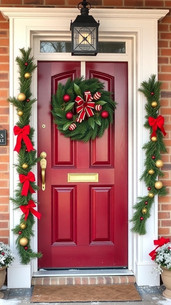 A red door decorated with a green wreath, red bows, and gold ornaments, flanked by garlands.
