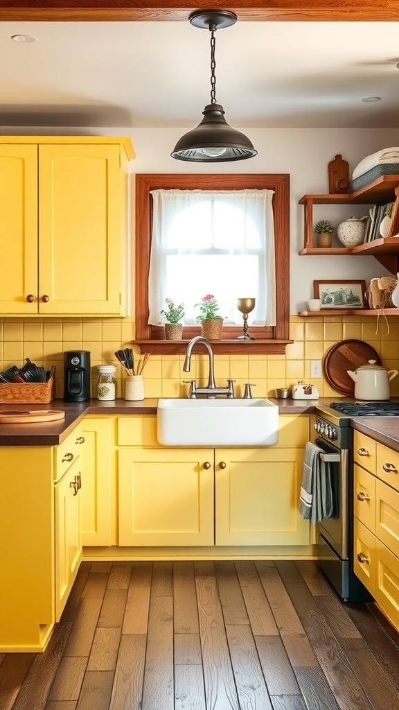 A bright yellow farmhouse kitchen with yellow cabinetry, a farmhouse sink, and wooden accents.