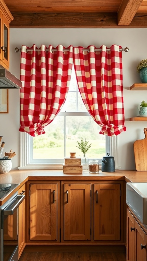 Red and white checked kitchen curtains in a farmhouse setting.