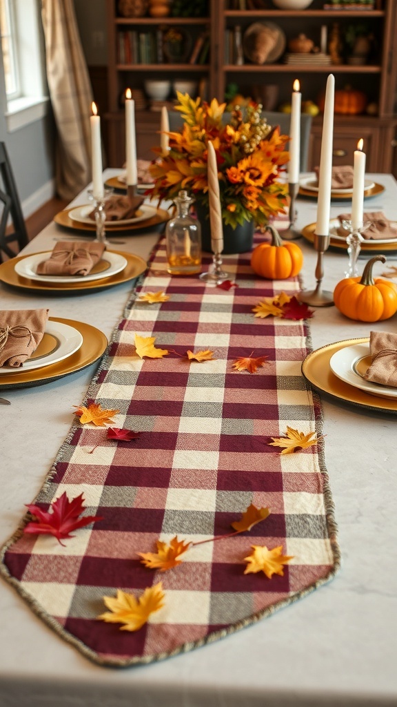 A fall-themed table setting featuring a checkered table runner, pumpkins, candles, and autumn leaves.
