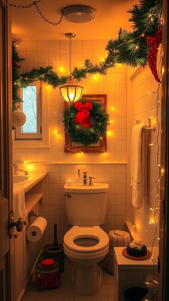 A cozy bathroom decorated for Christmas with lights and garlands.
