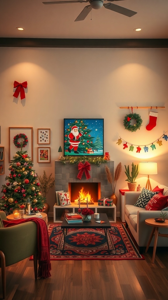 A cozy Christmas living room decorated with festive artwork, a Christmas tree, and a warm fireplace.