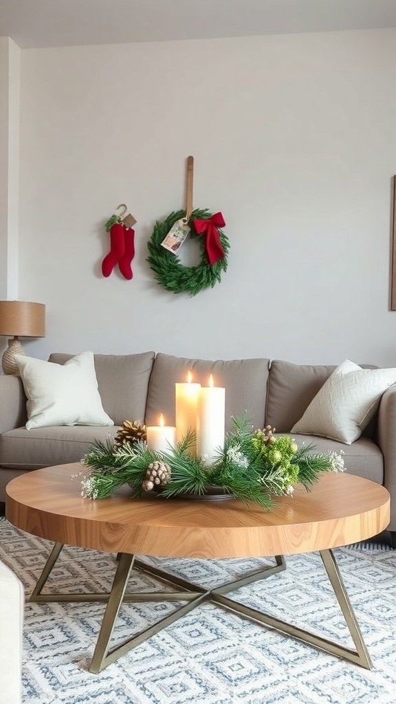 A cozy living room with a holiday centerpiece featuring candles and greenery on a coffee table.