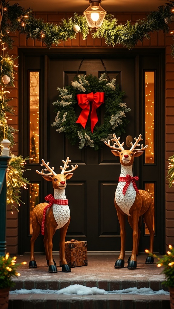Two cheerful reindeer statues with red scarves on a front porch decorated for Christmas.